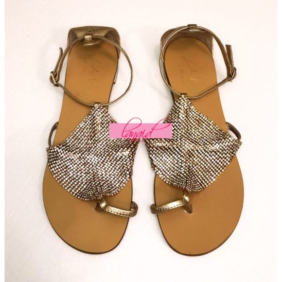 Lola Cruz Luanda Sandals Leather Copper Crystals Iridescent Holographic Sparkly - Picture 1 of 9